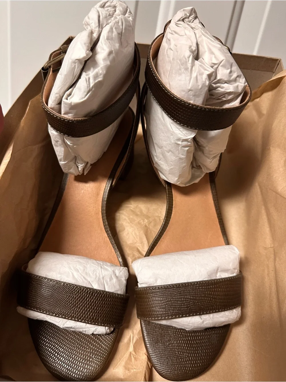 Madewell Women's Brown Ankle-Strap Sandal Heels Safari Khaki Embossed Leather 8